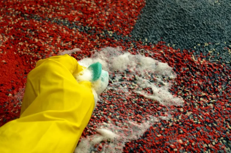 A person wearing gloves cleaning a carpet for rug cleaning in Santa Clara.