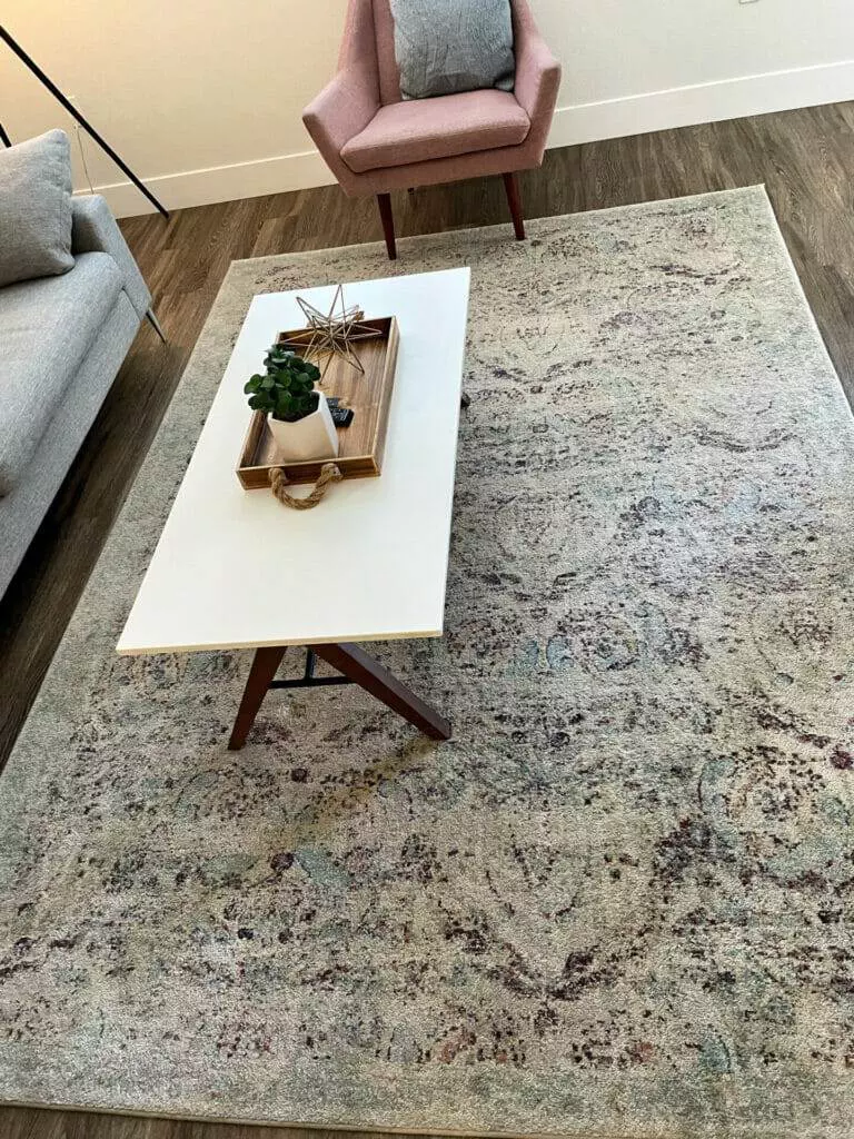 Living room, rug, coffee table.