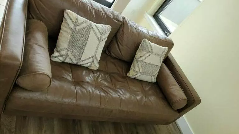 Brown leather couch, pillows.