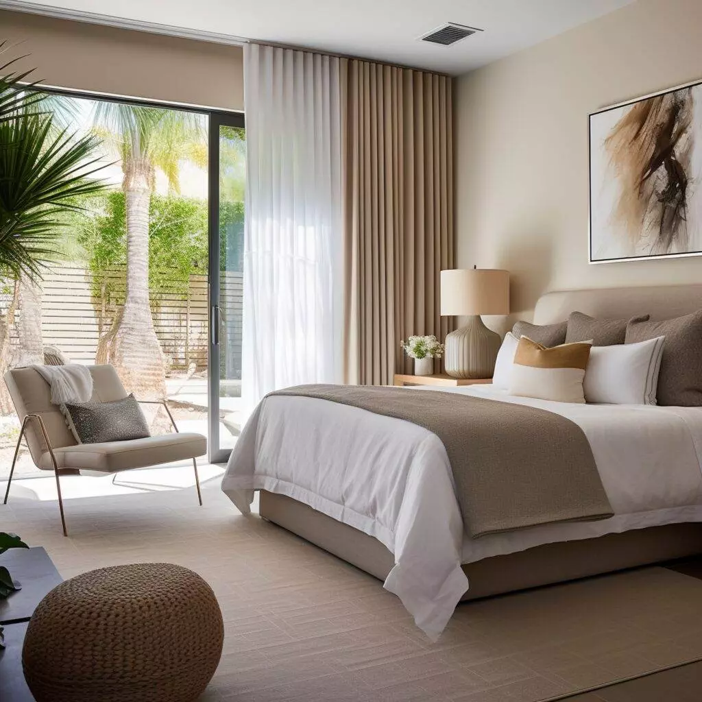 A modern bedroom with a beige and brown color scheme in Milpitas.