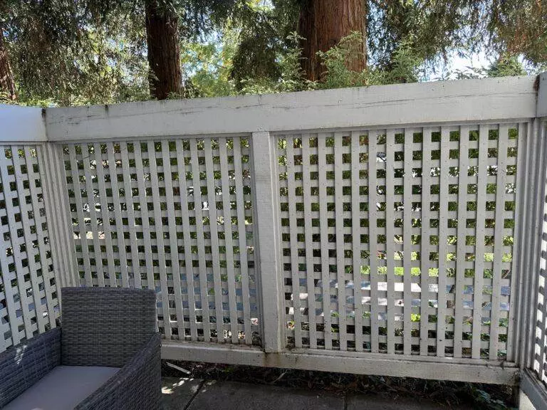 White lattice fence on a patio with a gray chair in the foreground, surrounded by tall trees in San Jose.