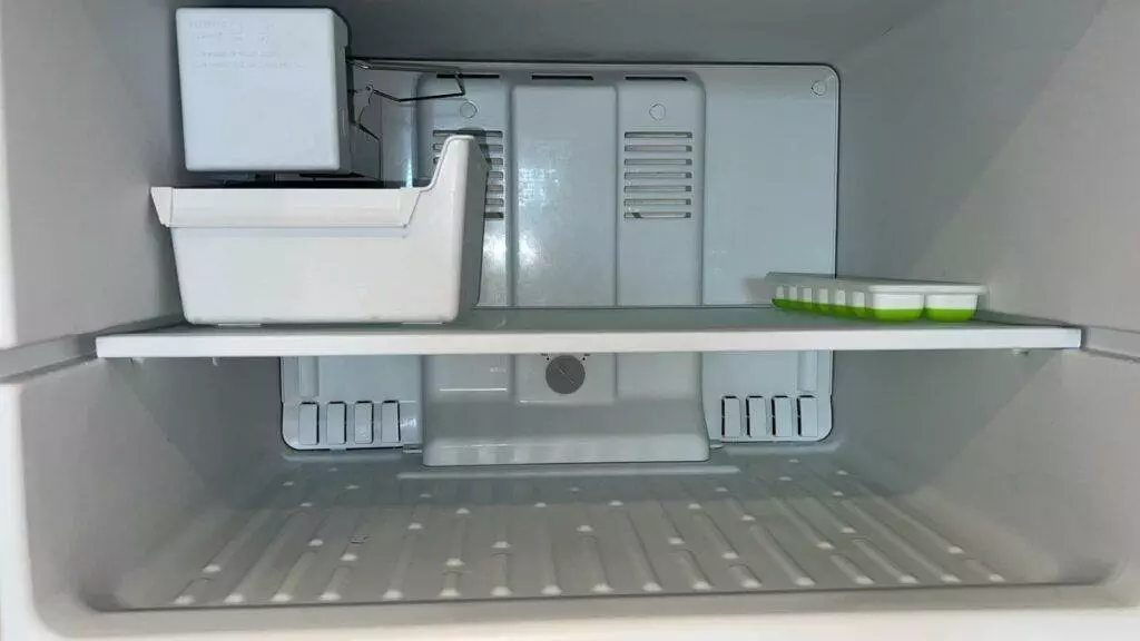 Interior of an empty refrigerator featuring one shelf, a water dispenser on the left, and a small green tray on the right, maintained by Cupertino Corporate House Cleaning.