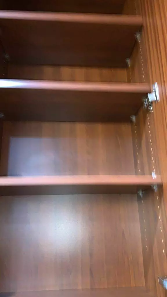 Interior of an empty wooden cabinet with open doors, featuring multiple shelves. The image is slightly blurred and showcases a flawless finish.
