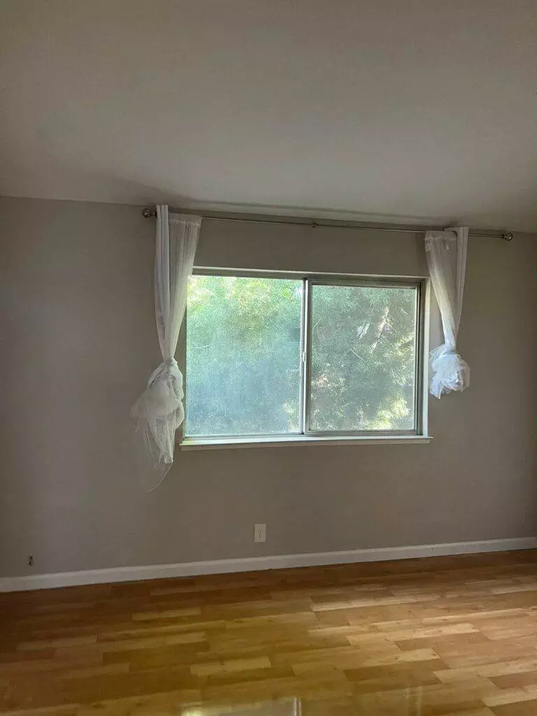 An empty room with glossy wooden floors and a large window covered with sheer white curtains, showing lush greenery outside, freshly cleaned by Master Clean Service.