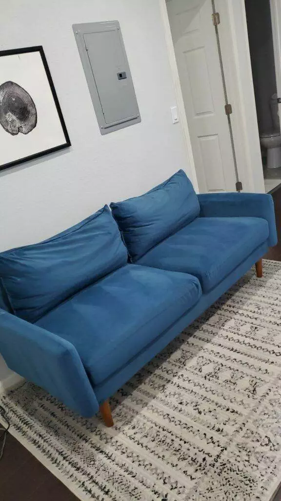 A blue sofa with a tufted back and wooden legs on a patterned white and black rug, with a door and framed wall art in the background, embodying the essence of Home Transformation.