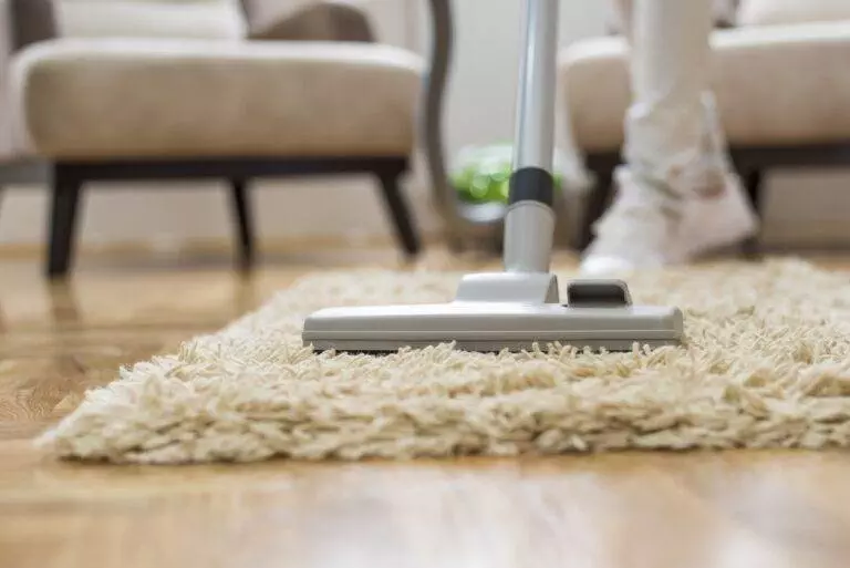 Close-up of a Master Clean vacuum cleaner head tackling a beige shaggy rug on a wooden floor. A person wearing white shoes is visible in the background, showcasing the professional carpet cleaning quality found at many Santa Clara homes.